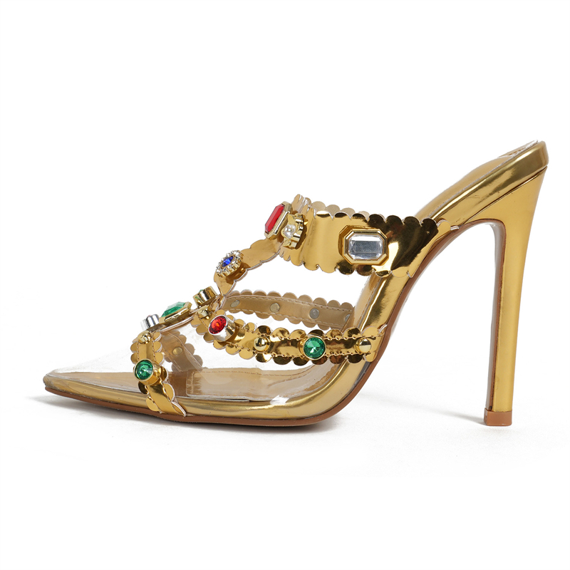 Eilyken New Design Gold Crystal Transparent New Women Pumps Slippers Sexy Pointed Toe Slip On Low Thin High Heels Mules Shoes 3d61