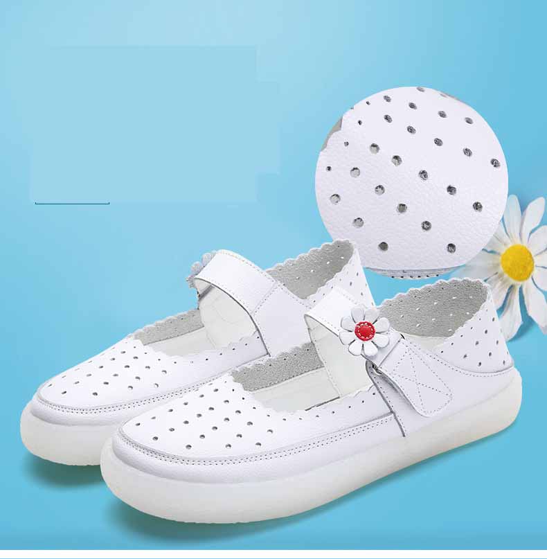 White Genuine Leather Sneakers Women Flat Platform Shoes Spring Casual Round toe Breathable Shoes Ladies White Nurse Shoes