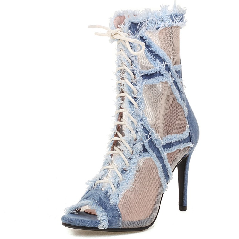 New Toe Peep Summer Sandals Women Sexy Blue Jeans Party Dance Shoes Pumps Lace-Up High Heels Mesh Ankle Boots Large Size 44 e608
