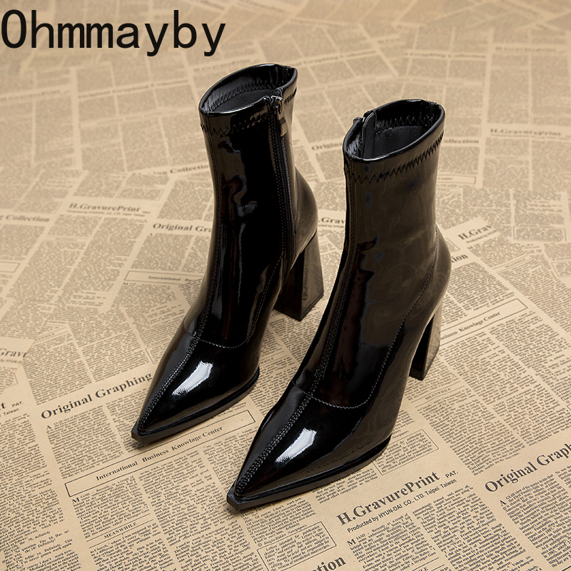 Winter Autumn Women Slim Ankle Boots Fashion Elegant Side Zippers Pointed Toe Shoes Thick Heel Laides Short Booties 03a6