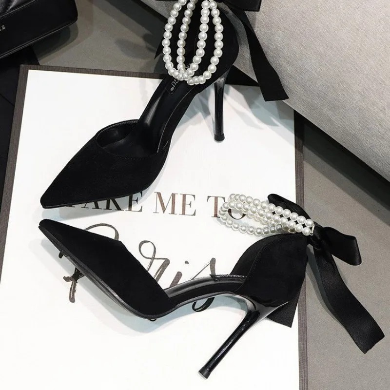 Black Pumps Women's 2024 Summer New Brand Design String Bead Pearls Wedding Bridal High Heels Sexy Pointed Toe Party Dance Shoes eb65 54b7
