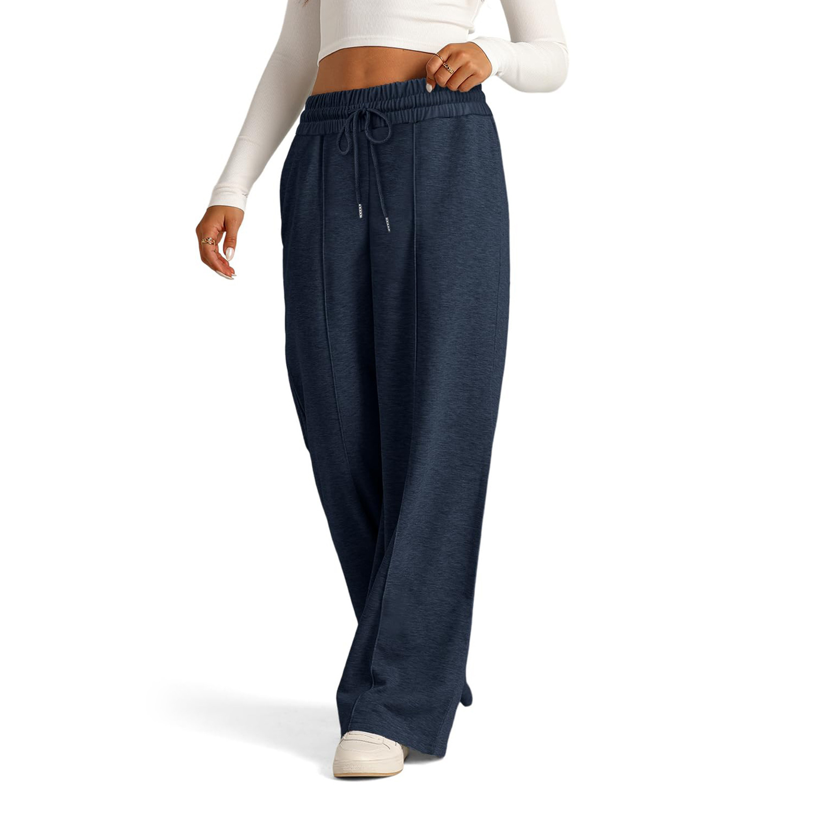 2024 new European and American women's drawstring solid color waist cinching fashionable wide leg sports casual pants