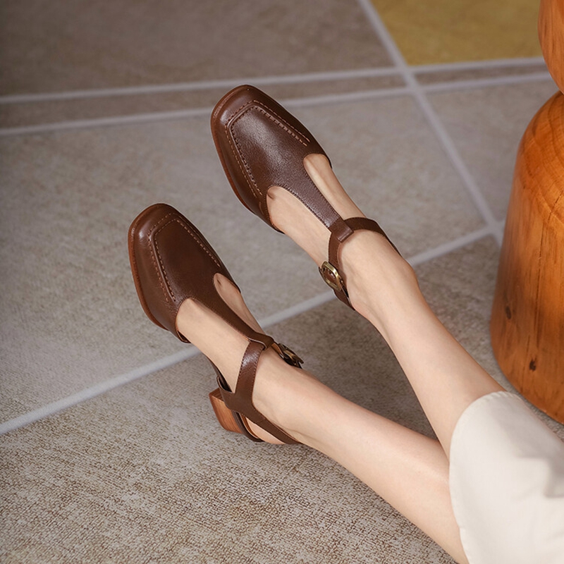 Summer 2022 Square Toe Chunky Sandals Genuine Leather High Heel Mary Janes Concise Shoes for Women 7088