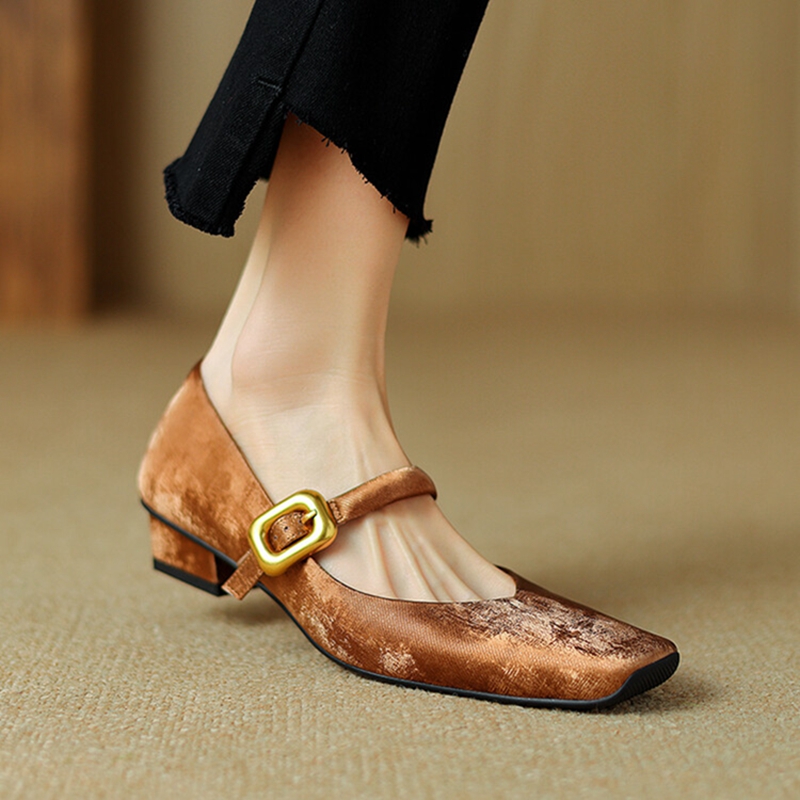Spring/Autumn NEW Pumps Square Toe Chunky Heel Split Leather Shoes for Women Elegant High Heels Buckle Mary Janes d28a s