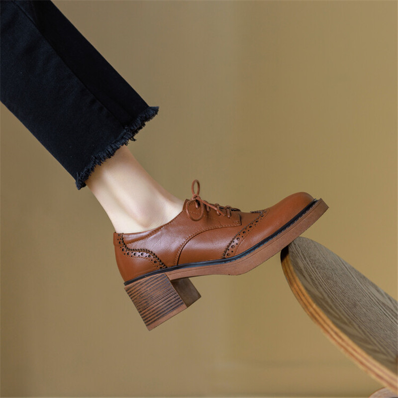 Spring New New Cow Leather Round Toe Pumps Platform Shoes for Women atos Mujer Lace Up Brogue Designs Loafers cb48