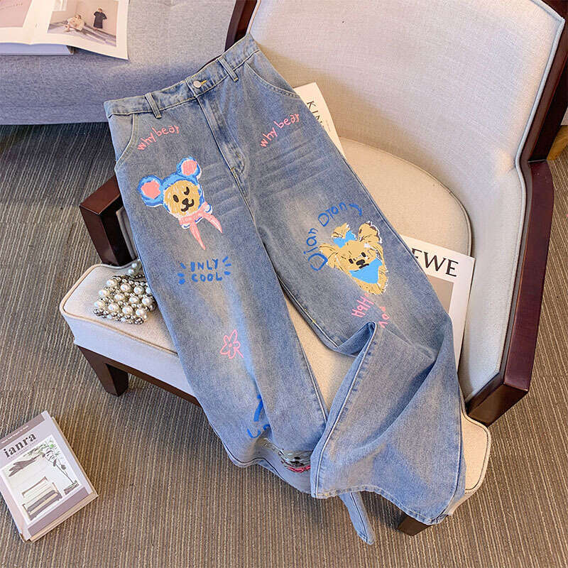 150Kg Plus Size Women's Hip 138 Spring Summer Jeans With Puppy Print Loose Elastic Straight Leg Pants Blue 5Xl 6Xl 7Xl 8Xl 9Xl
