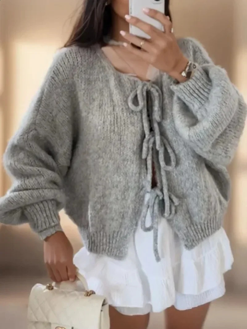 Korean Crewneck Laceup Knitted Cardigan Jacket for Autumn Winter 2024 Solid Color Sweater Women Cardigans 240910