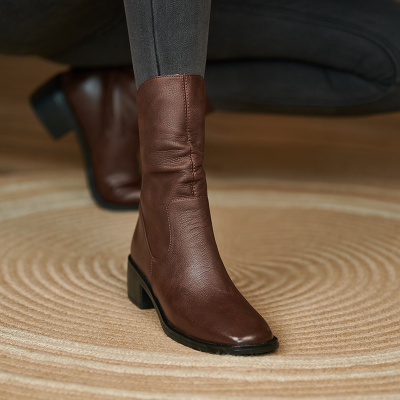 2022 New Fall/Winter Women Genuine Leather Square Toe Thick Heel Zipper Ankle Boots Solid Color Retro Woman Shoes Brown