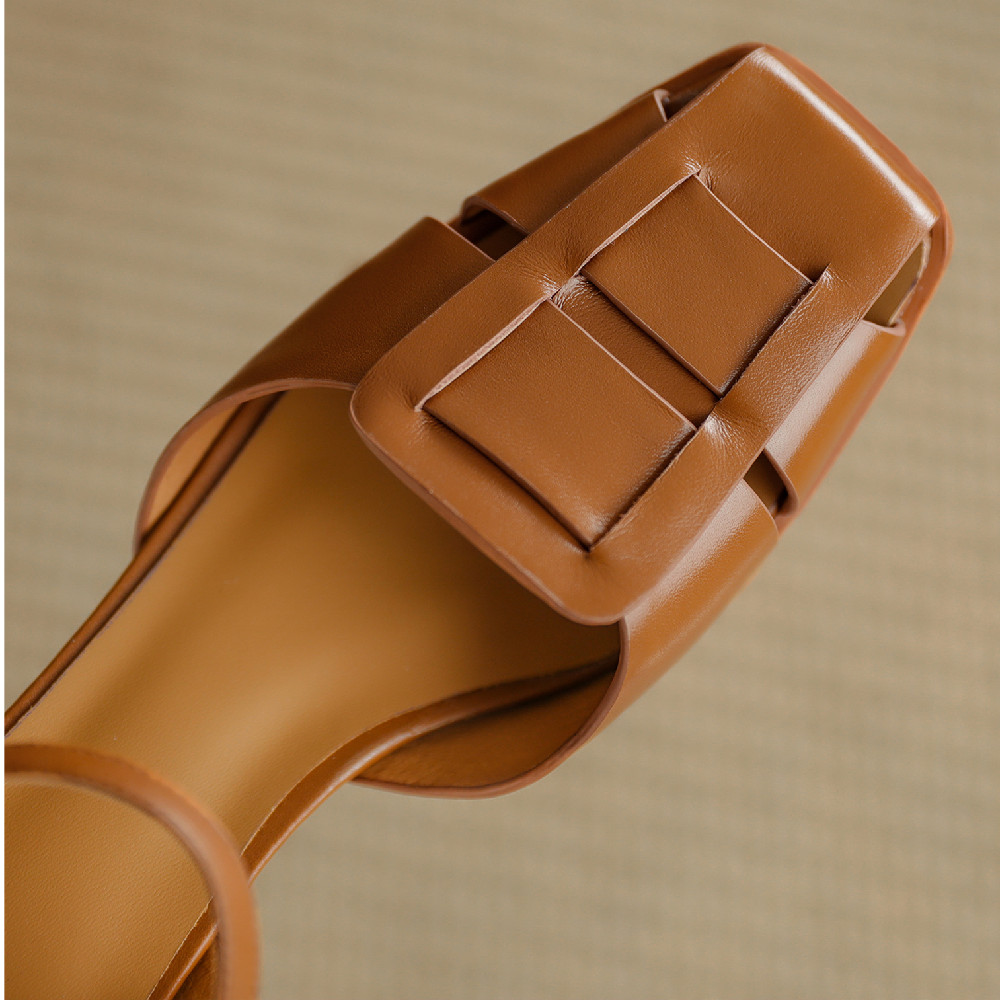 Women's Cow Leather Summer Sandals, Braided Square Toe Pumps with Thick Med Heels, Ankle Strap, 2024 Collection, Free Shipping
