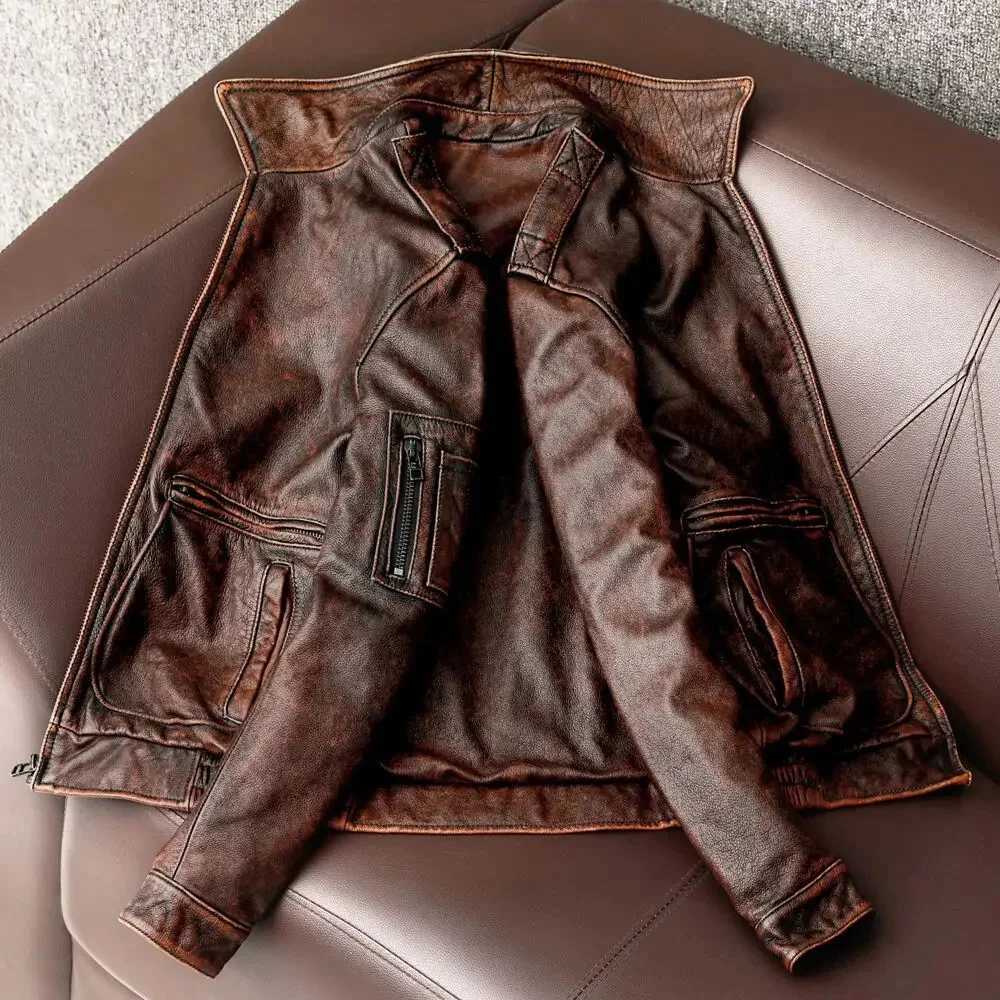 Spring and summer new leather jacket mens retro denim jacket casual flight suit clothing size S-5XL W240914