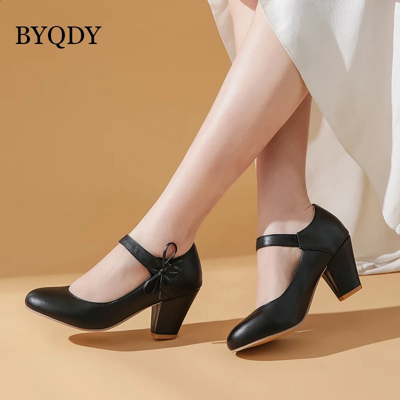 2025 new BYQDY Women Pumps 7cm High Thick Block Heels Round Toe Mary Janes Footwear Wedding Dress Office Lady Ankle Strap Shoes with Bow 240904