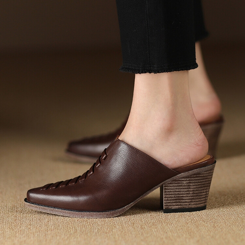 Summer NEW Mules Genuine Leather Shoes for Cover Chunky Heel Slippers New Cross-tied Pointed Toe Black Women Sandals 256c
