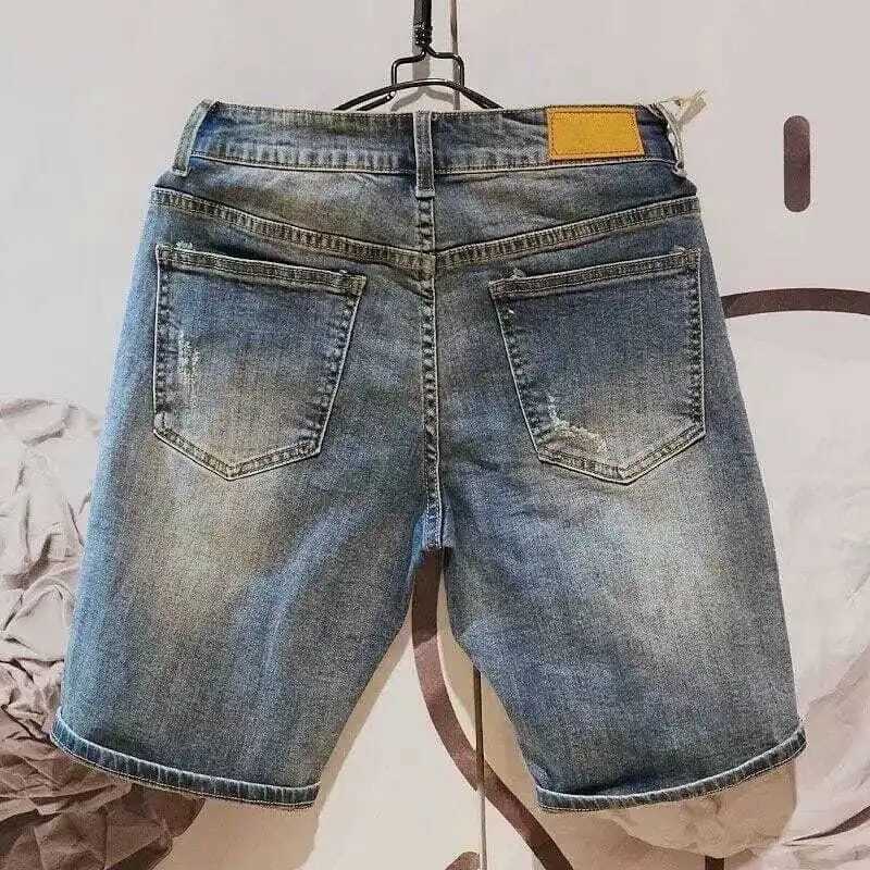 Summer Fashion Boyfriend Denim Knee-length Shorts for Men Holes Elasticity Cotton Cowboy Mens Short Pants Korean Style ShortsX240914