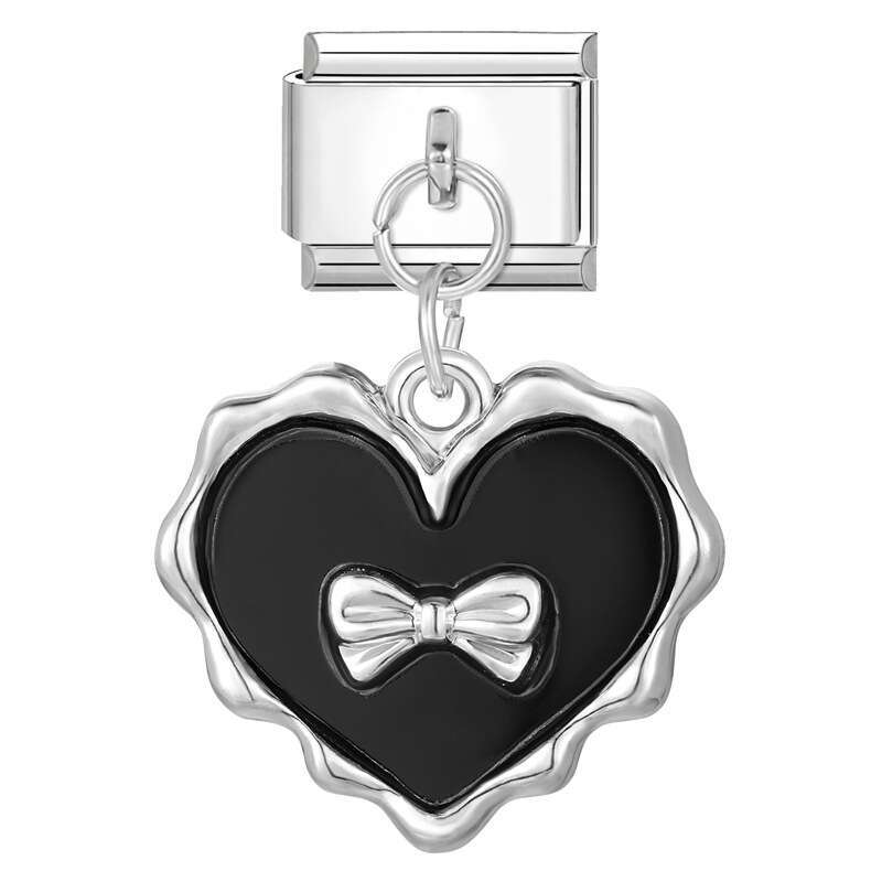 New Women's Gift black flower heart bow Pendant Italian Charms Links Bangle Beads Fit 9mm Stainless Steel Bracelet Making DIY For Women Fashion J