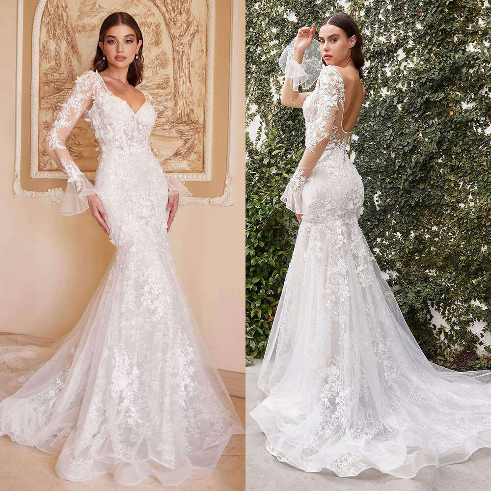 Newest Dresses Mermaid V-Neck Appliques Lace Long Sleeve Backless or-Length Princess Bride Wedding Dress Custom Made