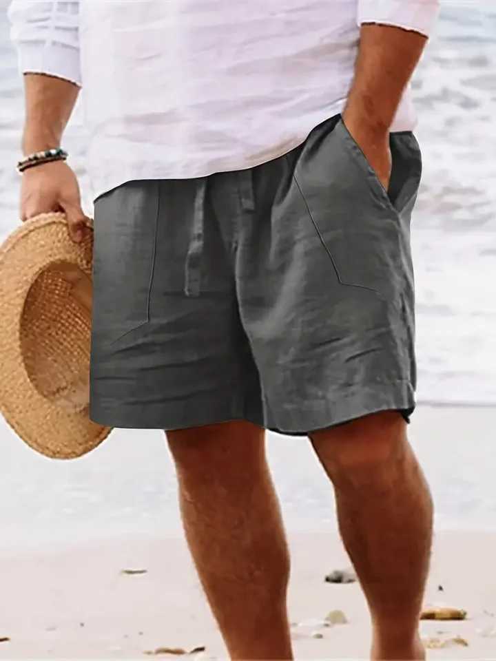 Mens summer cotton and linen shorts draw rope tight waist straight leg pure color breathable daily beach five casual pants Y240914