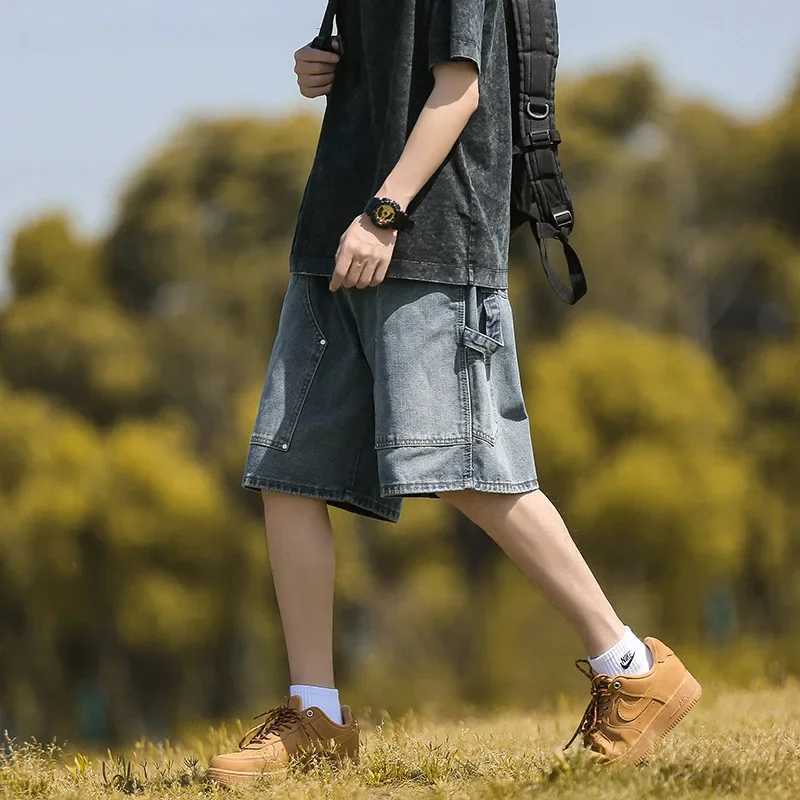 Loose-fit Denim Shorts Vintage American Style Casual Cargo Pants For Men Trendy Wooden Pattern Summer WearX240914