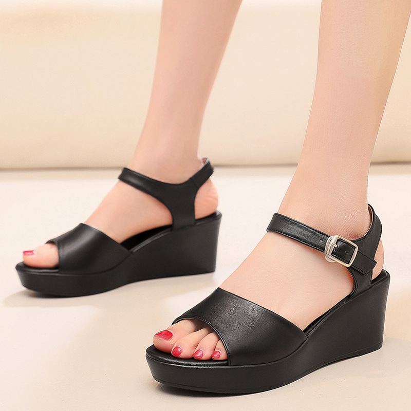 Genuine Leather Wedge Sandals Women's Platform Heels Comfortable Summer Shoes for Office Casual and Beach Wear