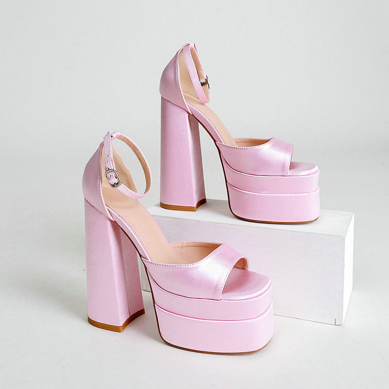 Summer 2024 New Products Square Head Hollow Thick Satin High Heel Fish Mouth Women's Shoes Plus Size Catwalk Sandals Trend 0b41