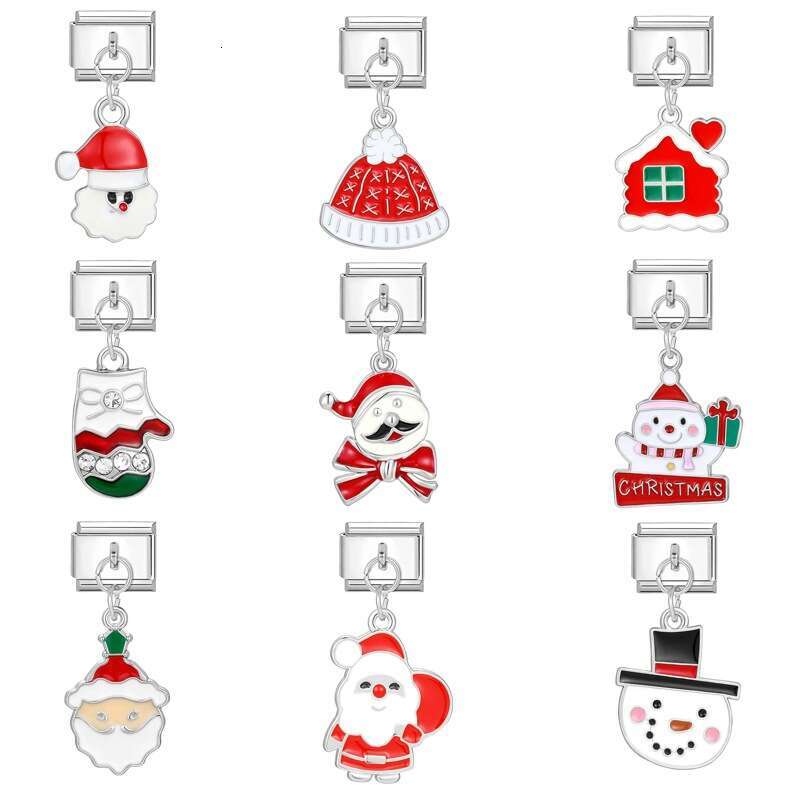 New Women's Gift Christmas hat Snowman Santa Claus Pendant Italian Charms Links Bangle Beads Fit 9mm Stainless Steel Bracelet Making DIY For Wome