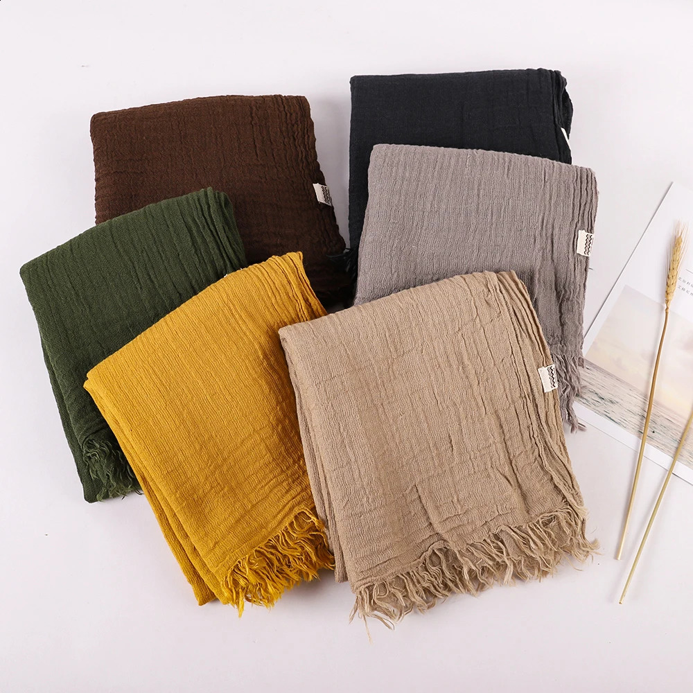 Autumn Winter Women Warm Scarf Simple Solid Plain Linen Cotton Muslim Shawls Kerchief Wrap Head Hair Pashmina Stoles 240912