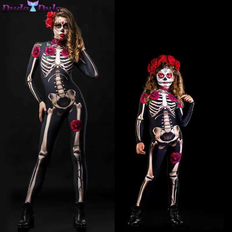 Adult sexy female horror ghost costume rose skeleton Halloween sexy devil jumpsuit children baby girl carnival party death day W240914