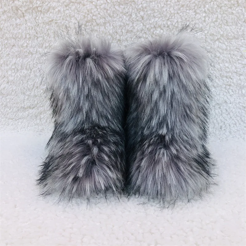 Women Fluffy Faux Fox Woman Plush Warm Snow Boots Footwear Girls Furry Fur Bottes Fashion Winter Shoe
