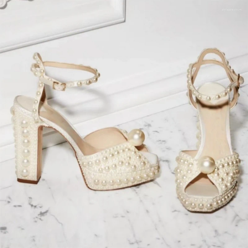 Dress Shoes White Pearl Peep-Toe hot Sandals Ladies High Heels Summer Platform For Women Party Pumps Ankle Buckle Chunky Heel