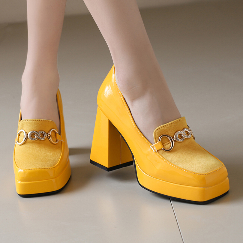 Plus Size Metal Decoration Square Toe Ultra-High Thick Heel Breathable Women's Pumps Platform Patent Leather Loafers