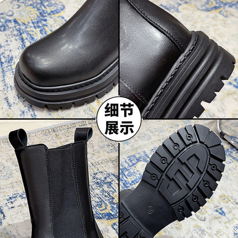 New Classics Chelsea Boots Women Black Ankle Boots Ankle Shoes High Genuine Leather Platform Short Boots Slip on Elastic Band