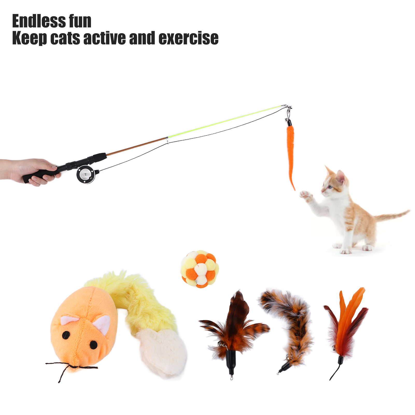 Retractable Cat Stick Toy Set with Feather, Fishing Pole, Bells, Wand, Indoor Kittens, 7 Pcs