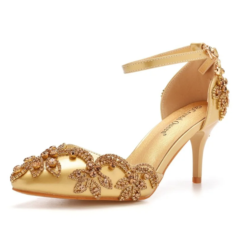 Summer High-heeled Women's Sandals Rhinestone PU 7CM Thin Heels Buckle Strap Mature Women's Shoes Golden Yellow Fashion
