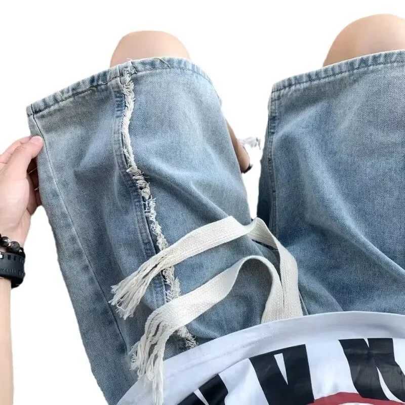 American Style High Street Denim Shorts For Men Trendy Design Sensibility Elastic Waist Casual Style Mid Waist Over Knee JeansX240914