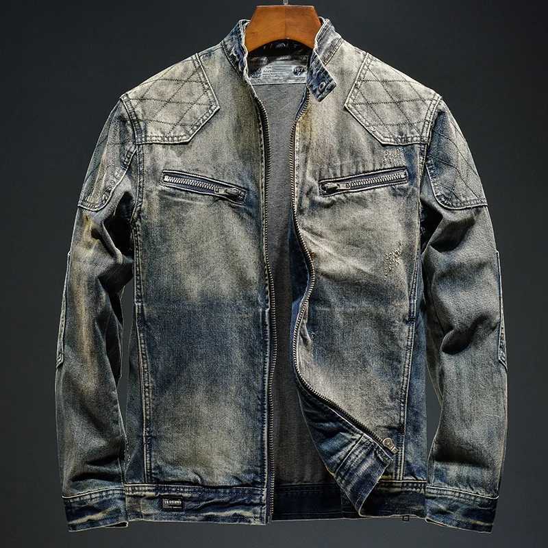 Retro shaver spliced denim jacket mens upright collar slim suitable for casual hand washing nostalgic street motorcycle jacket W24091410