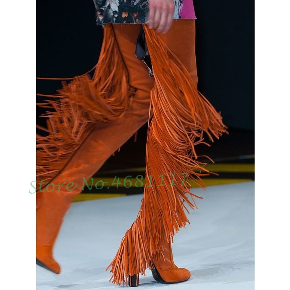 Fringes Stretch Thigh High Boots Women High Block Heels Trending Orange Suede Boots Slip On Autumn Women Round Toe Fashion Shoes