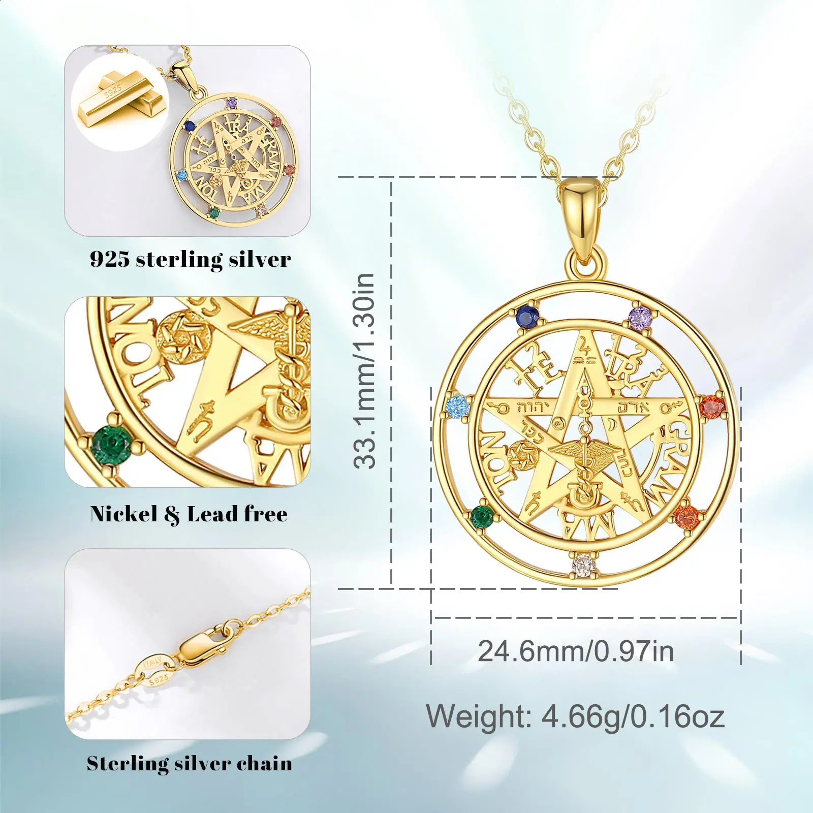 Eudora 925 sterling silver Pentagram necklace for men 18K gold talisman 7color chakra square pendant exquisite jewelry 240912