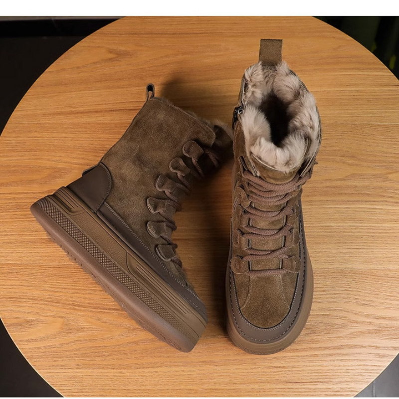 Fashion British Style Winter Nubuck Snow Boots Women's Thick Sole Plush Fur Warm Shoes Round Head Cross-tied Short Ankle Booties 6147