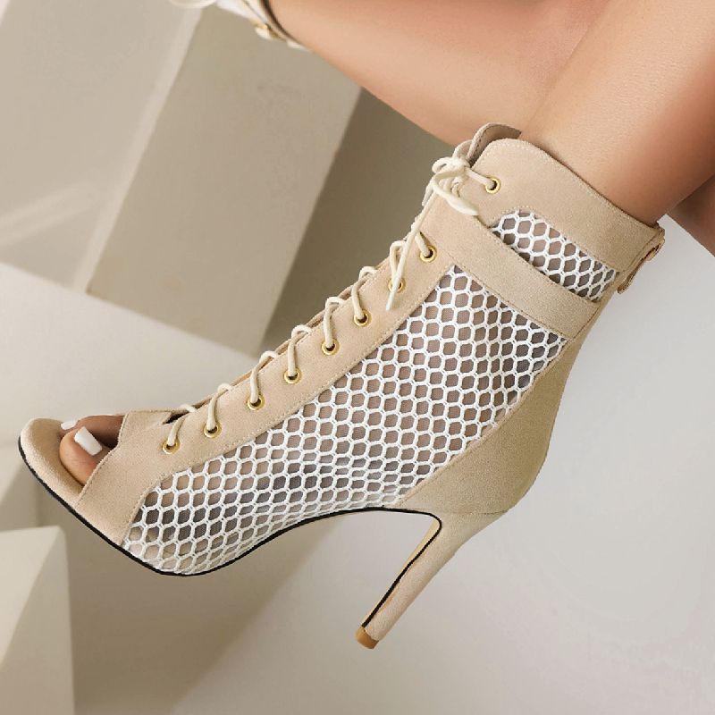 Ankle Summer Boots For Women Peep Toe Black Beige High Heels Pumps Large Size 45 ck Mesh Breathable Short Party Shoes Ladies ce52