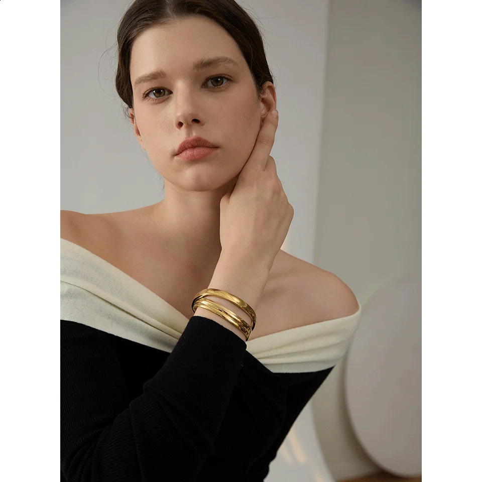 Yhpup 60mm Waterproof 316L Stainless Steel Round Smooth Bracelet Bangle Women Minimalist 18k Gold Color Texture Charm Jewelry 240914