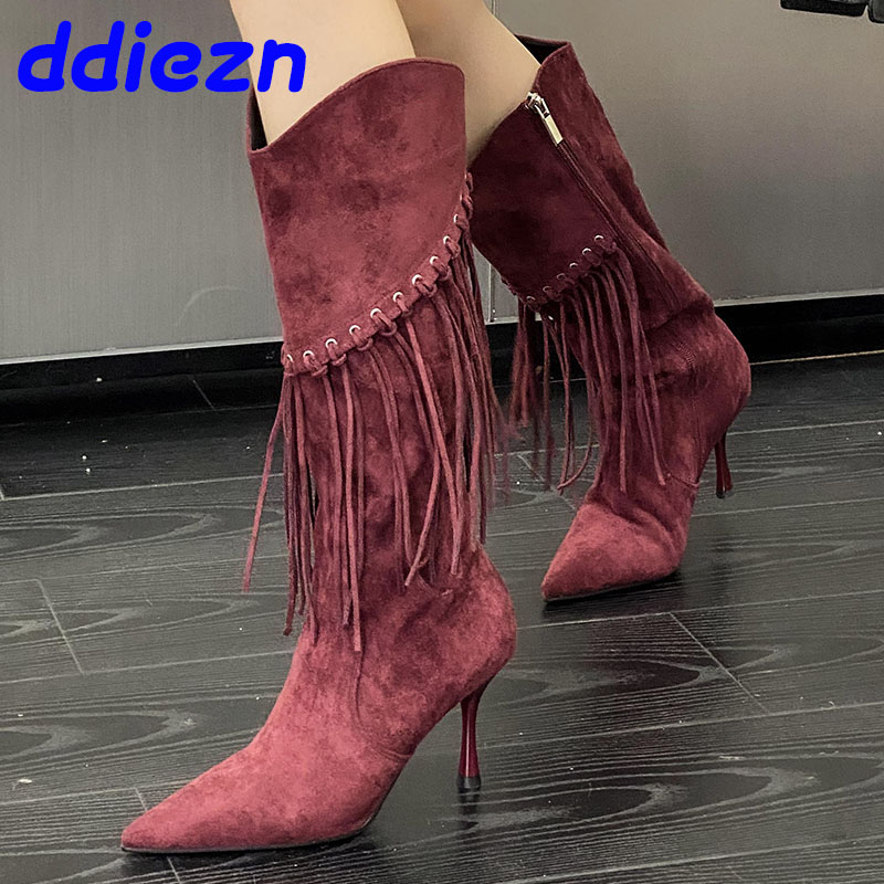 Fashion Designer Tassels Footwear Women Knee High Boots With Thin Heels Shoes Female Pointed Toe Ladies Long Booties