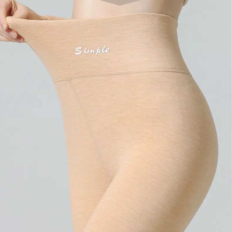 beige leggings for women Warm Tights Cotton Thick Ribbed Beige Leggings with Fleece Thermal Strech Leggings for WomenX240914
