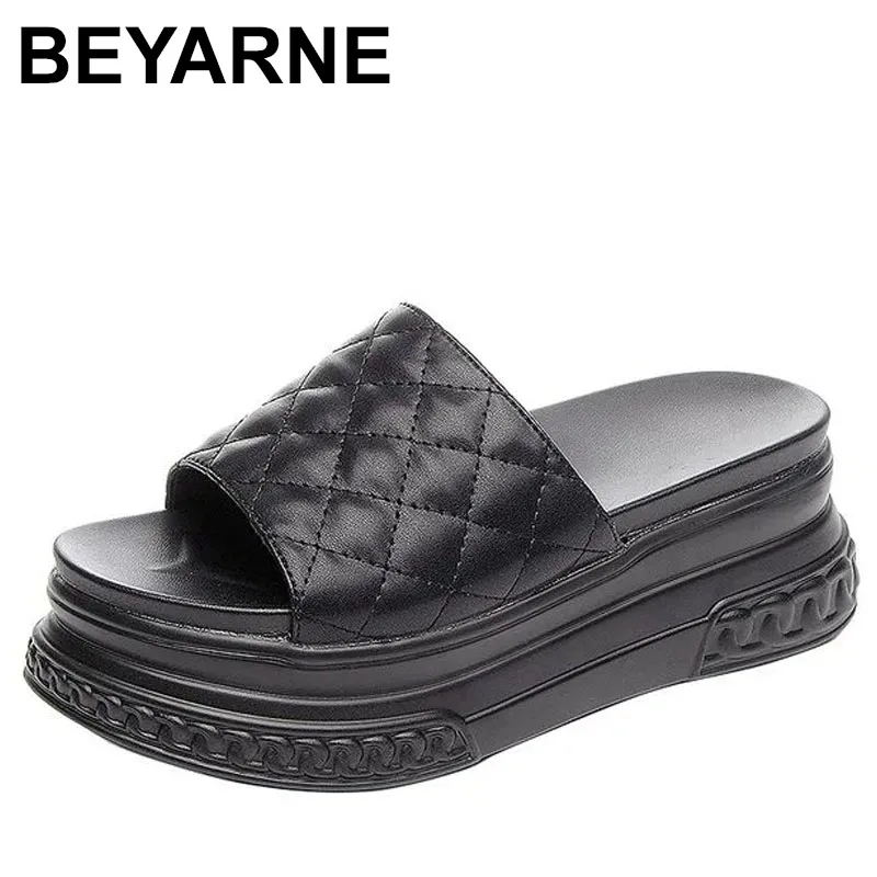 7cm Platform Slippers Wedge Shoes Beach Genuine Leather Women Summer Shoes Breathable Slides Beach Shoes Black Summer