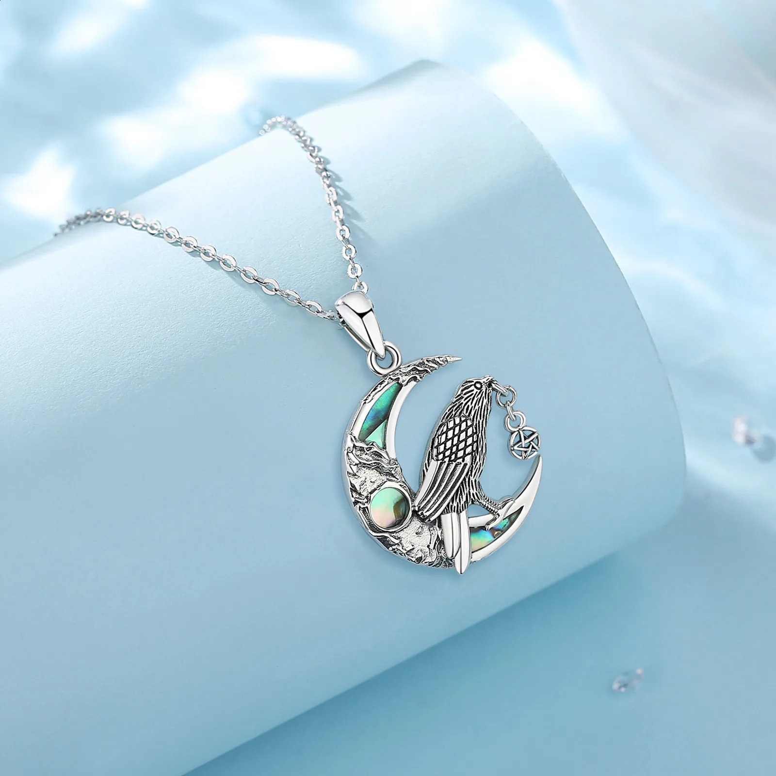 Eudora 925 Pure Silver Viking Crow Moon Necklace for Men Pentagram Talisman Pendant Natural Abalone Shell Jewelry 240912