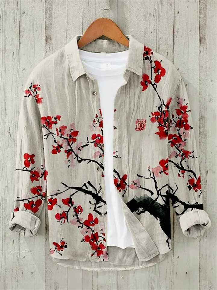 Sakura Japanese Vintage Art Linen Blended Shirt Casual Polo Collar Cardigan Button Shirt Plus Size Spring Summer New Z240914