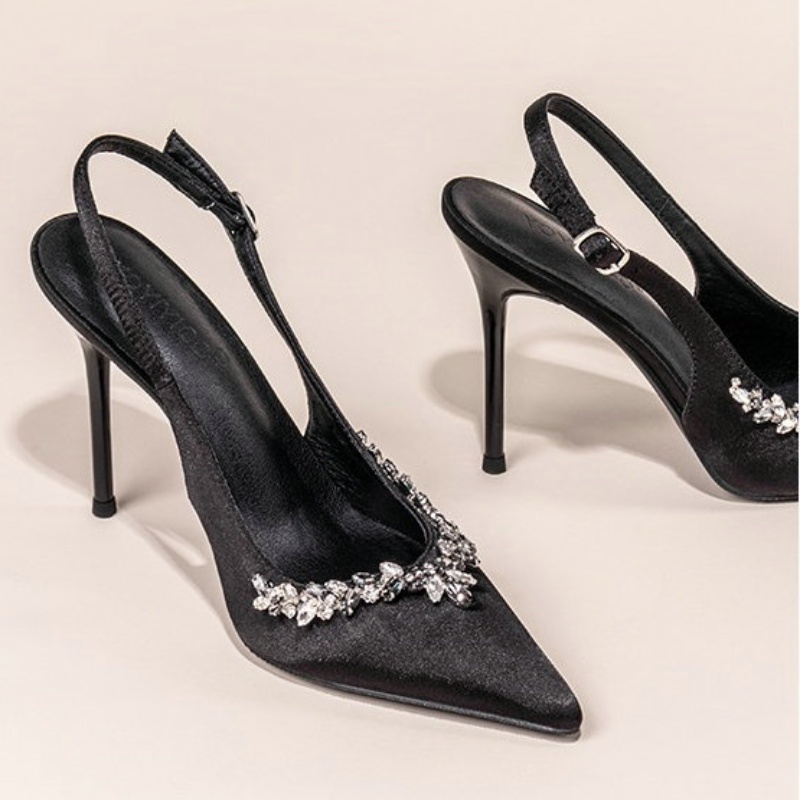 2024 Spring New Baotou Sandals Women'S Wedding High Heels Fine Heel Pointy Rhinester French Temperament Single Shoe Black