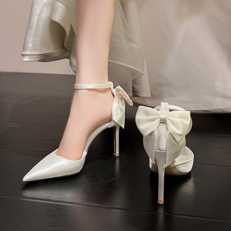 New Satin 2023 White Wedding Sweet Bow Bridal Shoes Elegance High Heels Bridesmaid Pumps b30e