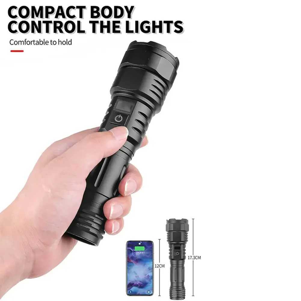 100000000 Lumens White LED Torch Strong light USB C Rechargeable Powerful Flashlight Zoomable Torch Light 5Modes for Outdoor Y240913