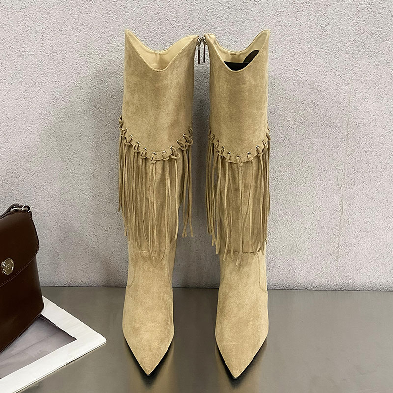 Fashion Designer Tassels Footwear Women Knee High Boots With Thin Heels Shoes Female Pointed Toe Ladies Long Booties