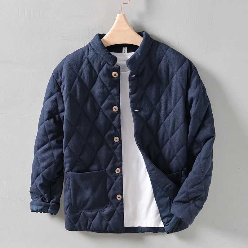 Chinese retro style mens padded apron winter casual loose warm jacket simple and comfortable stand up collar Argyle classic jacket W240914