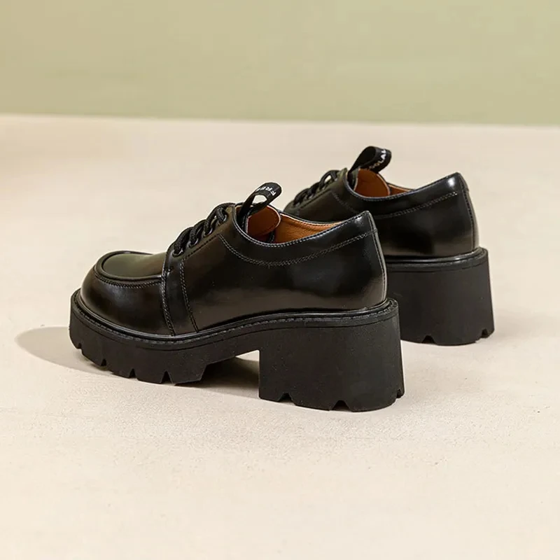 New Women's Oxford Shoes Lace Up Loafers Retro Style Split Leather Material Chunky Platform Round Toe Handmade Shoes